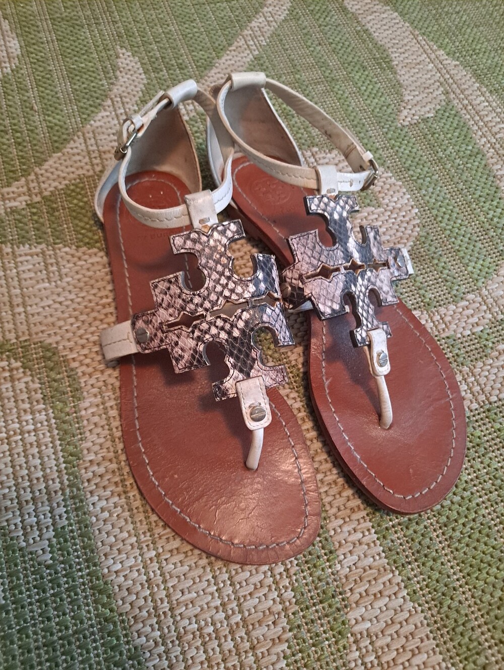 Tory Burch Pheobe White Reptile T-Strap Sandals with Silver Embellishment